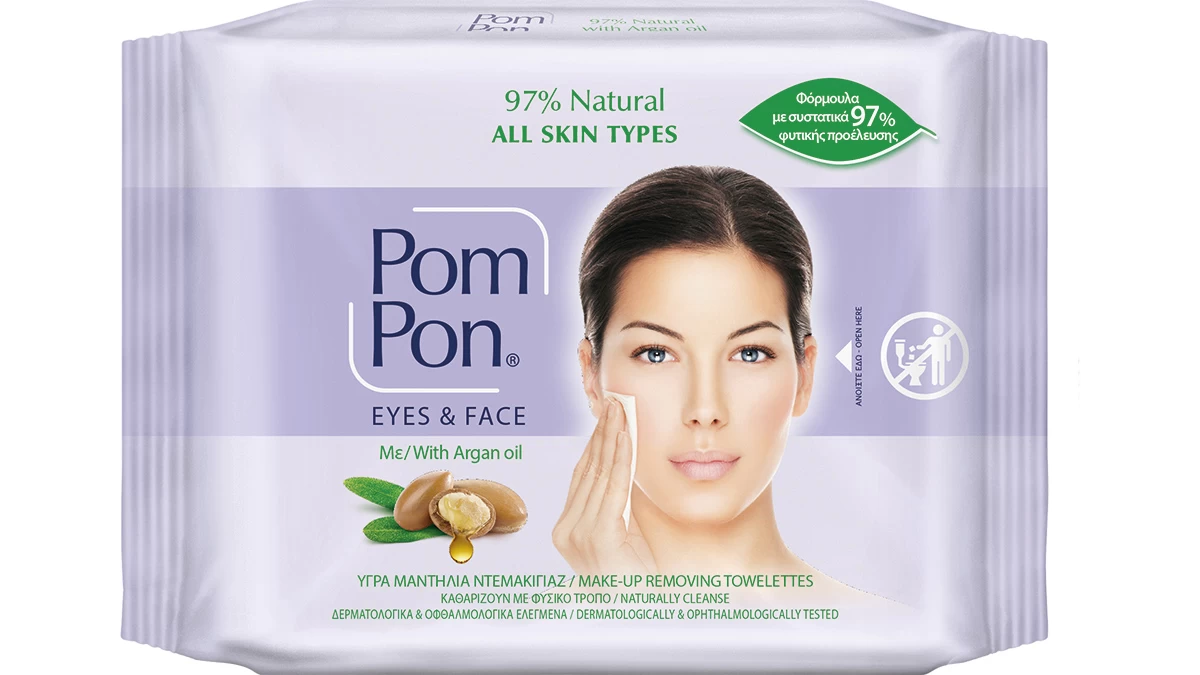 Υγρά μαντήλια ντεμακιγιάζ με Argan Oil, 97% Natural All Skin Types, Eyes & Face, Pom Pon