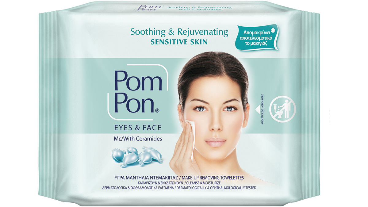 Υγρά μαντήλια ντεμακιγιάζ με Ceramides για το ευαίσθητο δέρμα, Soothing & Rejuvenating, Sensitive Skin, Eyes & Face, Pom Pon