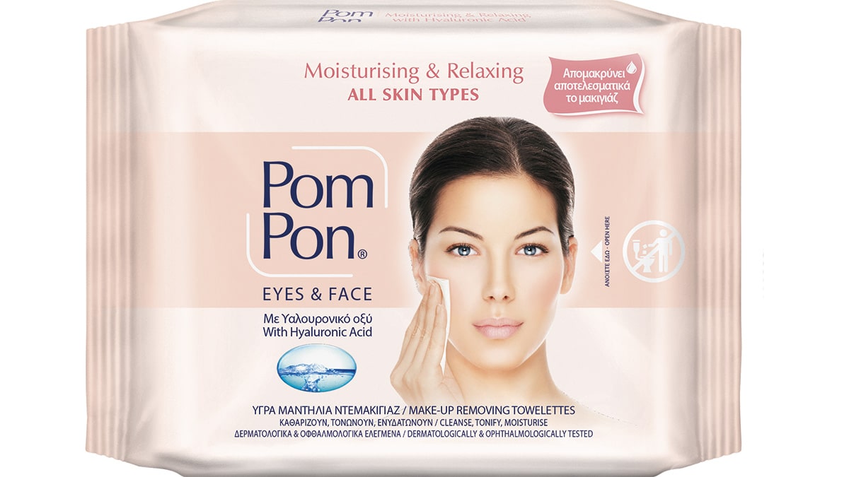 Υγρά μαντιλάκια ντεμακιγιάζ με υαλουρονικό οξύ, Moisturising & Relaxing, Eyes & Face, Pom Pon