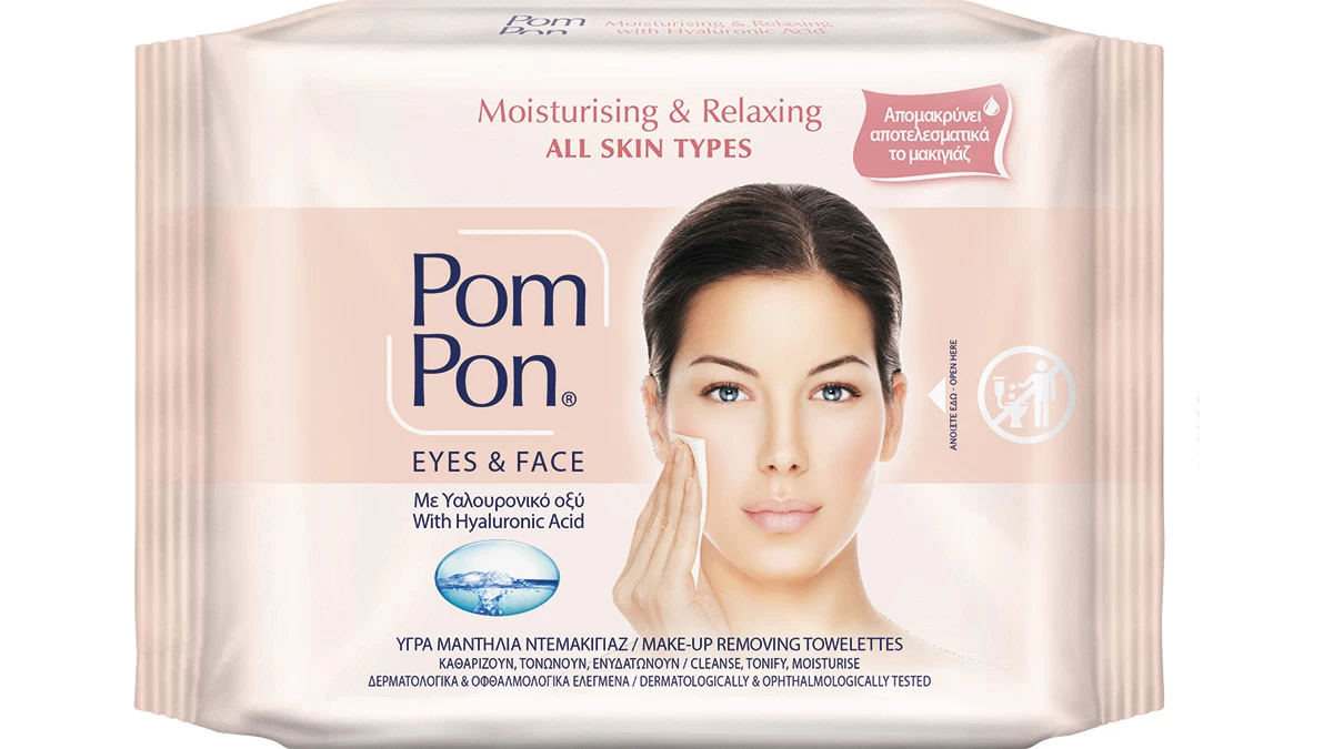 Υγρά μαντήλια ντεμακιγιάζ με υαλουρονικό οξύ, Moisturising & Relaxing, All Skin Types, Eyes & Face, Pom Pon