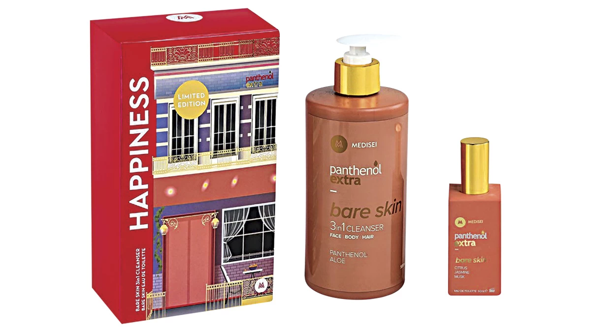 Limited edition kit Ηappiness, που περιέχει το αφρόλουτρο και σαμπουάν Bare Skin 3in1 Cleanser και το Bare Skin Eau de Toilette, Panthenol extra (στα Φαρμακεία, medisei.gr)