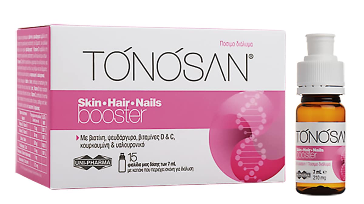 Συμπλήρωμα διατροφής για την ενίσχυση και διατήρηση της υγιούς κατάστασης του δέρματος, των μαλλιών & των νυχιών, Tonosan, Skin● Hair● Nails booster, Uni-Pharma (στα Φαρμακεία από τη Uni-Pharma)