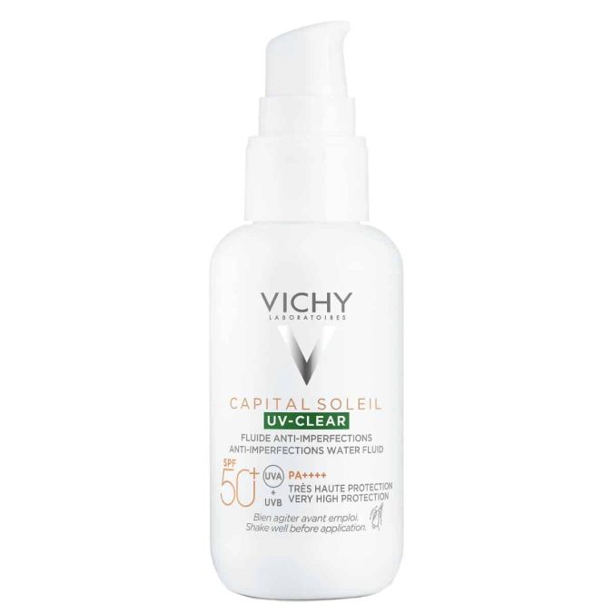 Αντηλιακό προσώπου, Capital Soleil, UV-Clear, Fluid Anti-Imperfections SPF50+, Vichy, €26,56 (στα Φαρμακεία)
