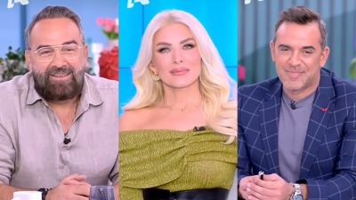 Ο Γρηγόρης Γκουντάρας, η Κατερίνα Καινούργιου και ο Στέφανος Κωνσταντινίδης στο Super Κατερίνα