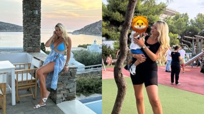 Η Κωνσταντίνα Σπυροπούλου με μαγιό και αγκαλιά με τον γιο της στην παιδική χαρά