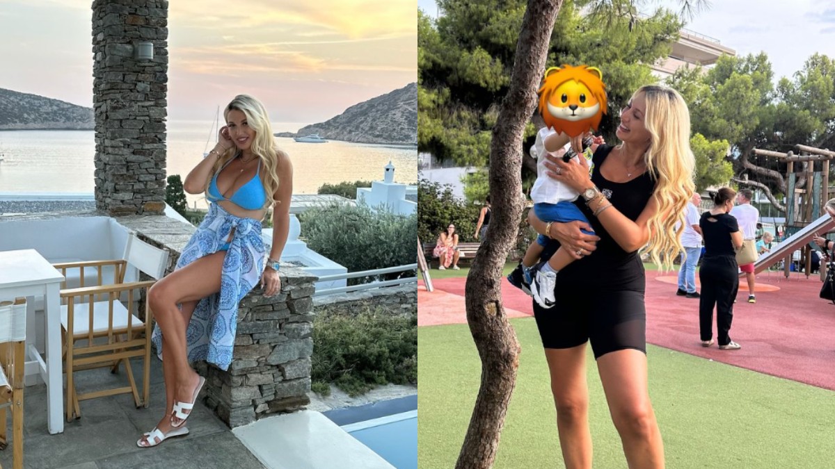 Η Κωνσταντίνα Σπυροπούλου με μαγιό και αγκαλιά με τον γιο της στην παιδική χαρά