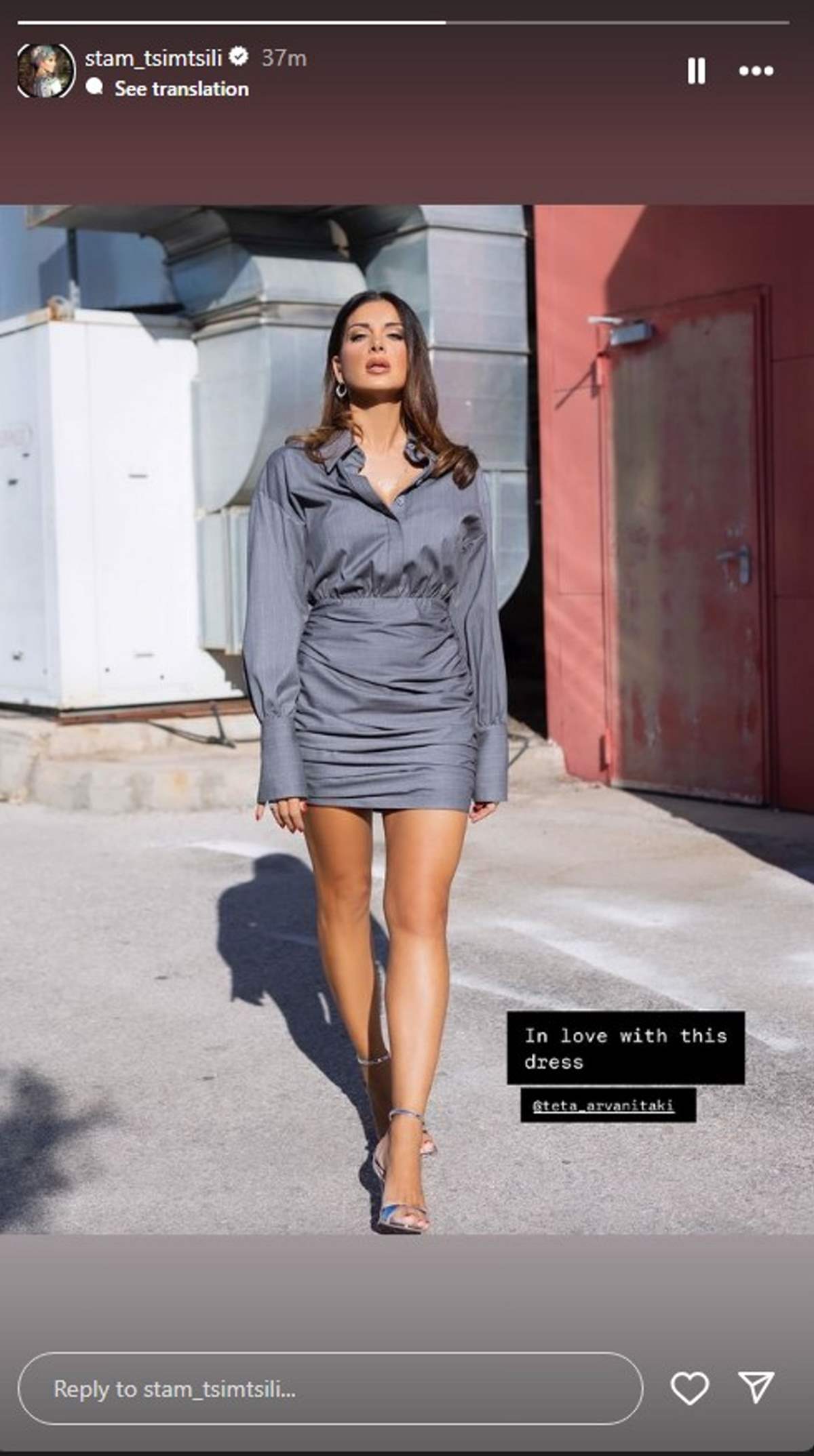 η σταματίνα τσιμτσιλή με γκρι ντραπέ φόρεμα teta arvanitaki