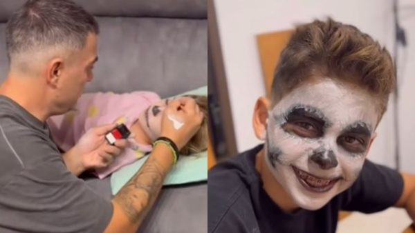 Ο Στέλιος Χανταμπάκης βάφει τα παιδιά του για το Χάλογουιν.