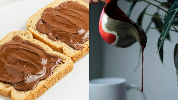 Σοκολάτα σε ψωμί του τοστ αριστερά και λιωμένη σοκολάτα δεξιά