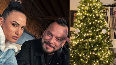 Η Ασημίνα Χατζηανδρέου και ο Χρήστος Δάντης και δίπλα το κενό χριστουγεννιάτικο δέντρο τους