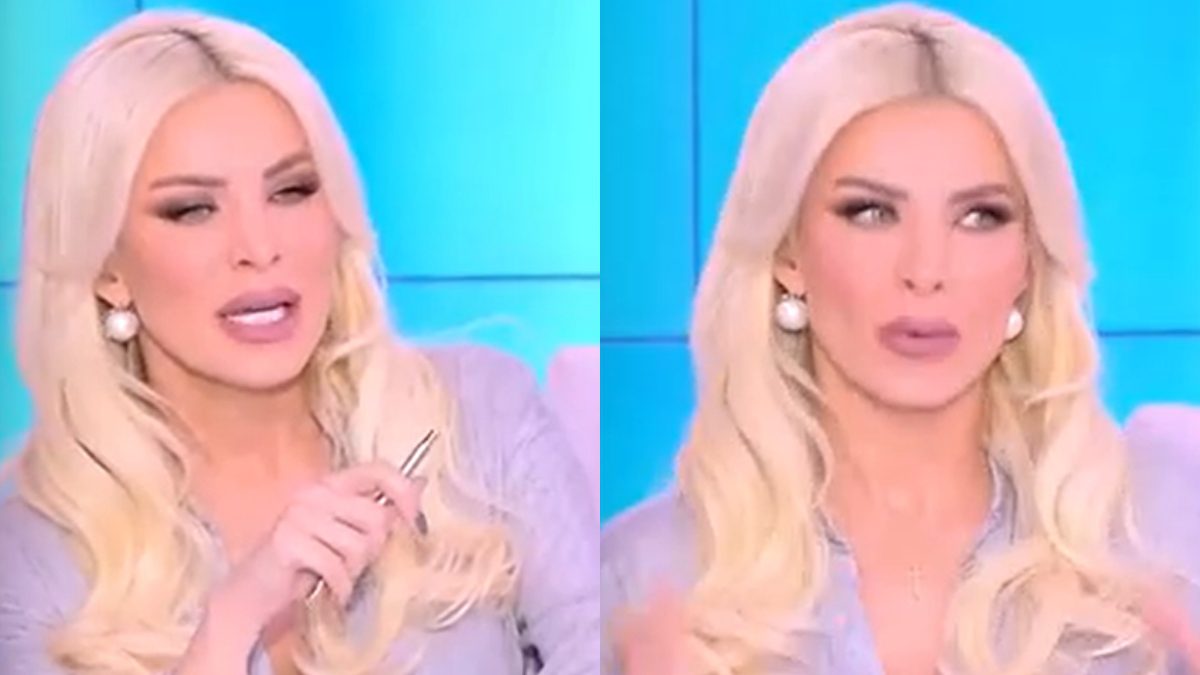 Η Κατερίνα Καινούργιου με λιλά μπλούζα στο Super Κατερίνα