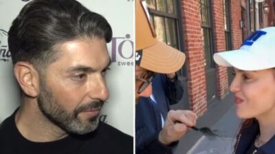 Ο Σπύρος Μαρτίκας στα μαύρα και δίπλα βίντεο που ταϊζει την Βρισηίδα Ανδριώτου