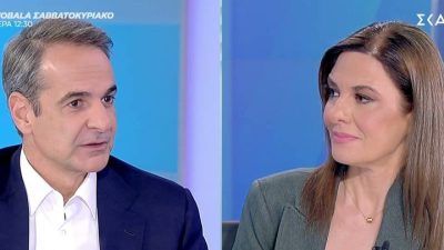 Ο Κυριάκος Μητσοτάκης και η Φαίη Μαυραγάνη στο ΣΚΑΙ