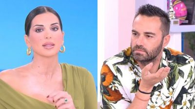 Η Σταματίνα Τσιμτσιλή με πράσινη μπλούζα και ο Κώστας Φραγκολιάς με πουκάμισο με λουλούδια