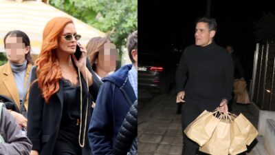 Η Σίσσυ Χρηστίδου με το κινητό στο χέρι και ο Ουγγαρέζος με σακούλες στο δικό του