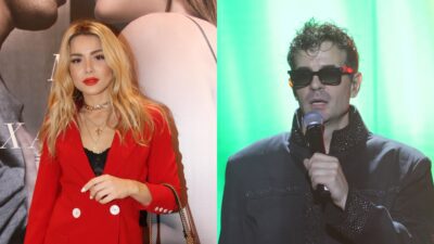 Η Ζόζεφιν με κόκκινο κοστούμι και ο Νίνο με το μικρόφωνο στο χέρι και γυαλιά ηλίου