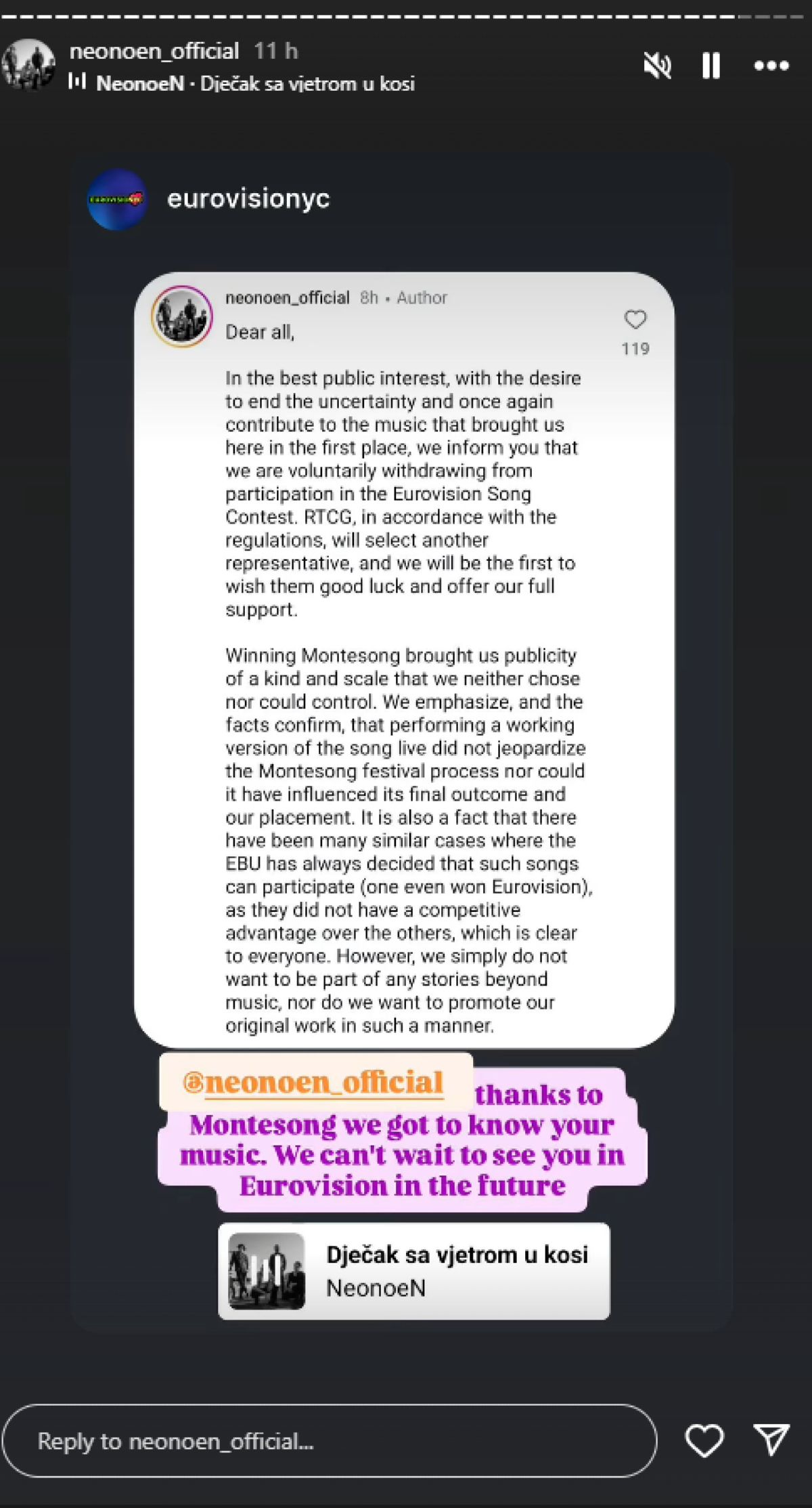 Η ανάρτηση του συγκροτήματος NeoneoN στο instagram