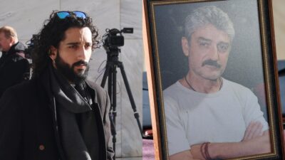 Ο Φοίβος Ήμελλος και η εικόνα του Δημήτρη Ήμελλου πάνω στο φέρετρο στην κηδεία του