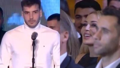 Ο Φωτης Ιωαννίδης και η Ελένη Βουλγαράκη στα Βραβεία Κορυφαίω Ποδοσφαιριστών.