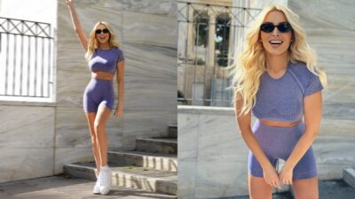 Η Κατερίνα Καινούργιου με μοβ αθλητικό σετ