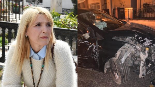 Η Ρένα Κουβελιώτη και το αμάξι του γιου της μετά το τροχαίο