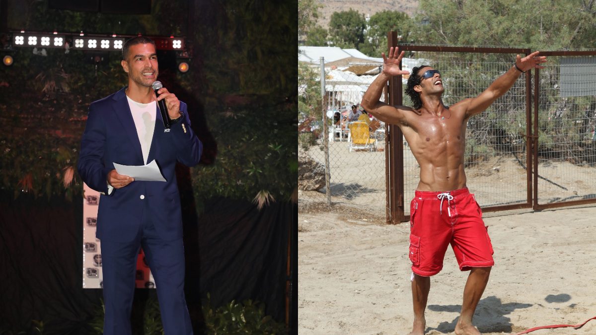 Ο Νίκος Αναδιώτης με κοστούμι και σε παραλία ενώ παίζει beach volley