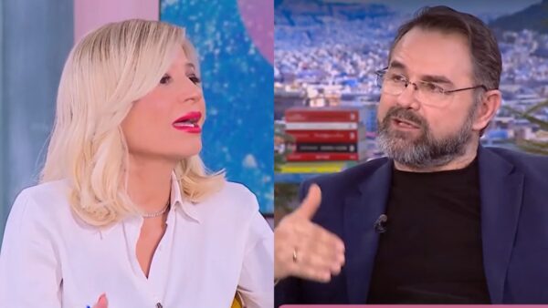 Η Φαίη Σκορδά και ο Σταύρος Μπαλάσκας στο πλατό του μεγκα