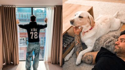 Ο Θοδωρής Μαραντίνης με πλάτη μπροστά από παράθυρο και δίπλα στον σκύλο του