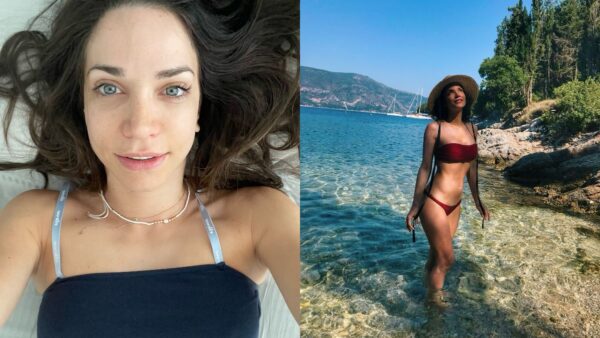 Η Γερονικολού άβαφη (αριστερά) με μαγιό (δεξιά)