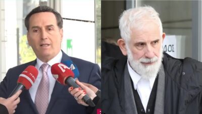 Ο Δημητρακόπουλος μιλαει για τον Φιλιππίδη έξω από το δικαστήριο