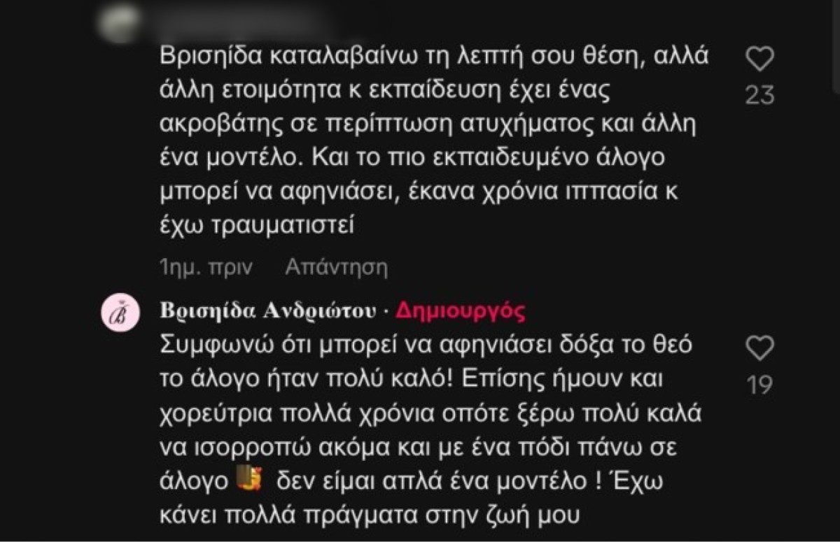 Το σχόλιο που δέχτηκε η Βρισηίδα Ανδριώτου και η απάντησή της