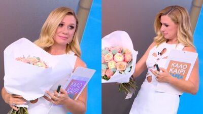 Η Κατερίνα Καραβάτου με μία ανθοδέσμη έκπληξη στο Καλοκαίρι Παρέα