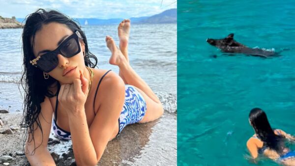 Η Δήμητρα Αλεξανδράκη στην παραλία μόνη της και μέσα στη θάλασσα ένα μαύρο γουρουνάκι