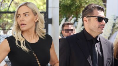 Η Ιωάννα Μαλέσκου και ο Λάμπρος Κωνσταντάρας στην κηδεία του Δημήτρη Κωνσταντάρα