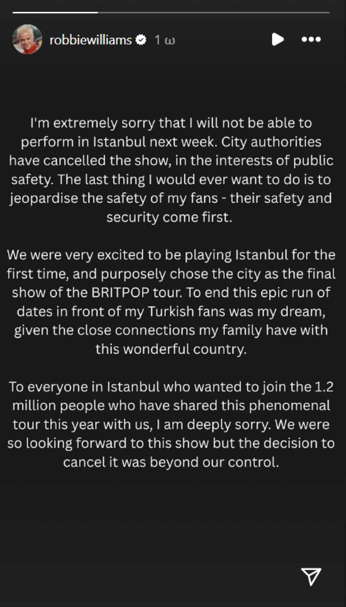 Η ανάρτηση του Ρόμπι Γουίλιαμς στο Instagram