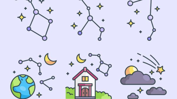 Ζωδιακοί αστερισμοί, η γη, ένα σπίτι και ο ήλιος με ένα σύννεφο