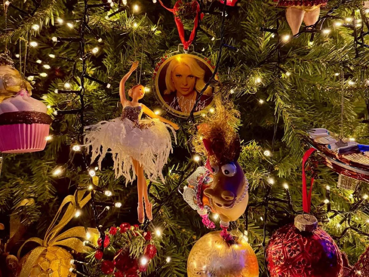 Η Ελένη Μενεγάκη μπροστά στο Χριστουγεννιάτικο δέντρο